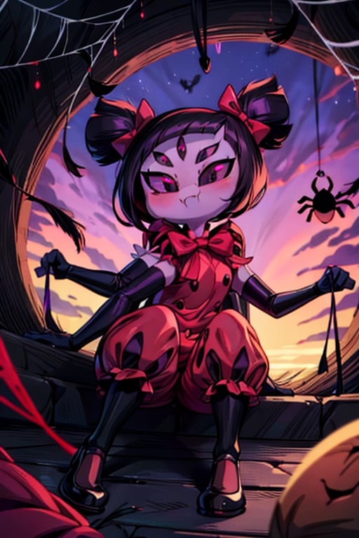 8k resolution, high resolution, masterpiece,  intricate details, highly detailed, HD quality, best quality, vibrant colors, 1girl,muffet,(muffetwear), monster girl,((purple body:1.3)),humanoid, arachnid, anthro,((fangs)),pigtails,hair bows,5 eyes,spider girl,6 arms,solo,clothed,6 hands,detailed hands,((spider webs:1.4)),bloomers,red and black clothing, armwear,  detailed eyes, super detailed, extremely beautiful graphics, super detailed skin, best quality, highest quality, high detail, masterpiece, detailed skin, perfect anatomy, perfect hands, perfect fingers, complex details, reflective hair, textured hair, best quality, super detailed, complex details, high resolution, looking at the viewer, rich colors, ,muffetwear,Shadbase ,JCM2,DAGASI,Oerlord,illya,In the style of gravityfalls,tensura,Mrploxykun,BORN-TO-DIE,Captain kirb,ChronoTemp ,spy x family style