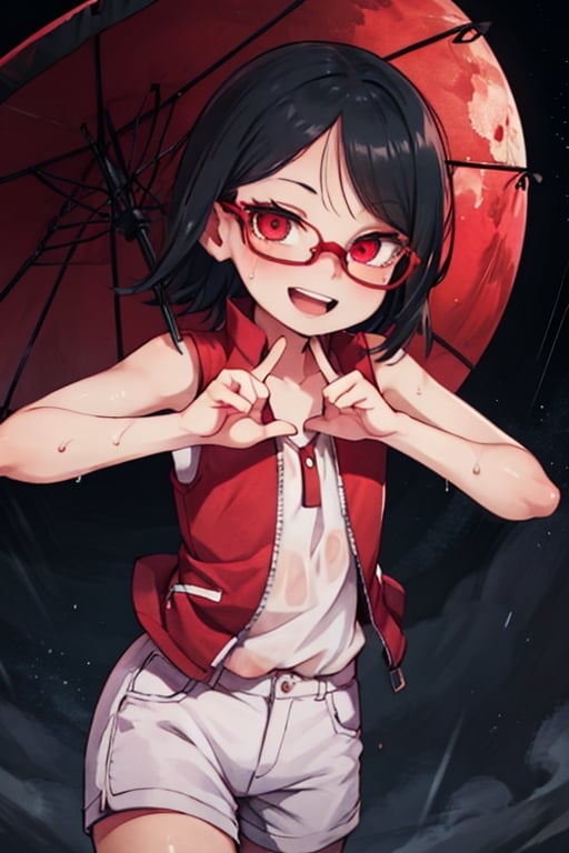 8k resolution, high resolution, masterpiece, intricate details, highly detailed, HD quality, solo, short stature, only girls, dark background, rain, scarlet moon, crimson moon, moon, moon on the background, 

Sarada Uchiha.red eyes.black hair.short hair.bangs on the forehead.slim build.a teenage girl.The clothes of the Uchiha Succession.shinobi clothes.sexy clothes.red vest.thin vest.white shorts.loose shorts.glasses.smile.a crazy smile.a cheeky expression.crazy expression.an insanely cheerful expression.a conspiratorial expression.sexy pose.fighting pose.lustful pose.perverted pose, 

flat chest, focus on the whole body, the whole body in the frame, the body is completely in the frame, the body does not leave the frame, detailed hands, detailed fingers, perfect body, perfect anatomy, wet bodies, rich colors, vibrant colors, detailed eyes, super detailed, extremely beautiful graphics, super detailed skin, best quality, highest quality, high detail, masterpiece, detailed skin, perfect anatomy, perfect body, perfect hands, perfect fingers, complex details, reflective hair, textured hair, best quality,super detailed,complex details, high resolution,

,perfecteyes,USA,Mrploxykun,jtveemo,JCM2,Captain kirb,Artist,AGGA_ST011,fantai12,Oerlord,arcane style,らす ,The Pink Pirate,Saradauchiha