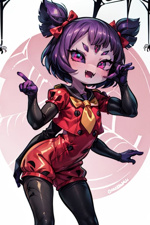 8k resolution, high resolution, masterpiece,  intricate details, highly detailed, HD quality, best quality, vibrant colors, 1girl,muffet,(muffetwear), monster girl,((purple body:1.3)),humanoid, arachnid, anthro,((fangs)),pigtails,hair bows,5 eyes,spider girl,6 arms,solo,clothed,6 hands,detailed hands,((spider webs:1.4)),bloomers,red and black clothing, armwear,  detailed eyes, super detailed, extremely beautiful graphics, super detailed skin, best quality, highest quality, high detail, masterpiece, detailed skin, perfect anatomy, perfect hands, perfect fingers, complex details, reflective hair, textured hair, best quality, super detailed, complex details, high resolution, looking at the viewer, rich colors, ,muffetwear,Shadbase ,JCM2,DAGASI,Oerlord,illya,In the style of gravityfalls,tensura,Mrploxykun,BORN-TO-DIE,Captain kirb