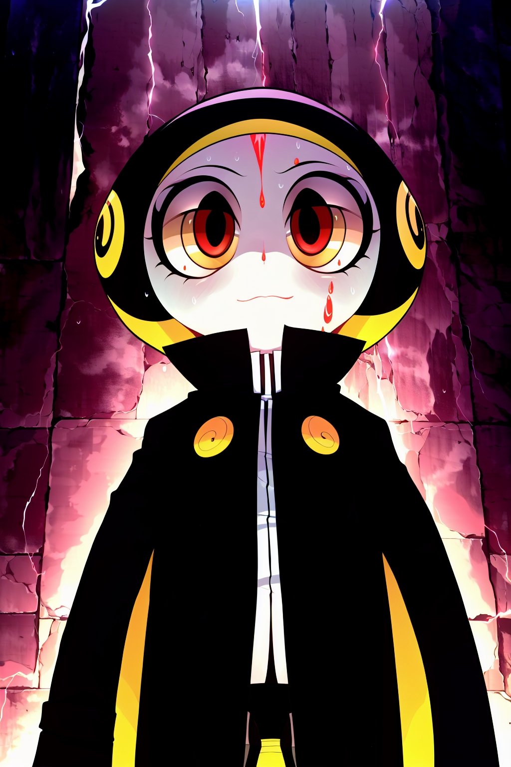 Loli, solo, Naruko Uzumaki, red eyes, eyes emitting scarlet light, black sclera, absolutely black eyeballs, three thin black vertical stripes on both cheeks, shadow on the face, the upper part of the face is hidden by shadow, long black scaly coat, open coat, yellow hair, two ponytails, squinted eyes, black gloves, black trousers, arms outstretched, scarlet lightning in the background, rain, thunderstorm, the whole body in the frame,

,BloodOrangeMix ,SHADBASE,Mrploxykun,ChronoTemp ,Captain kirb