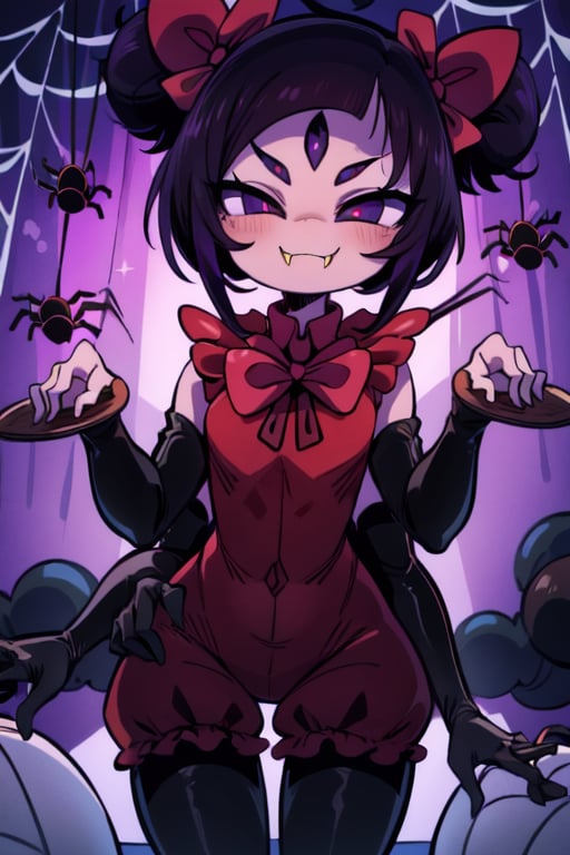 8k resolution, high resolution, masterpiece,  intricate details, highly detailed, HD quality, best quality, vibrant colors, 1girl,muffet,(muffetwear), monster girl,((purple body:1.3)),humanoid, arachnid, anthro,((fangs)),pigtails,hair bows,5 eyes,spider girl,6 arms,solo,clothed,6 hands,detailed hands,((spider webs:1.4)),bloomers,red and black clothing, armwear,  detailed eyes, super detailed, extremely beautiful graphics, super detailed skin, best quality, highest quality, high detail, masterpiece, detailed skin, perfect anatomy, perfect hands, perfect fingers, complex details, reflective hair, textured hair, best quality, super detailed, complex details, high resolution, looking at the viewer, rich colors, ,muffetwear,Shadbase ,JCM2,DAGASI,Oerlord,illya,In the style of gravityfalls,tensura