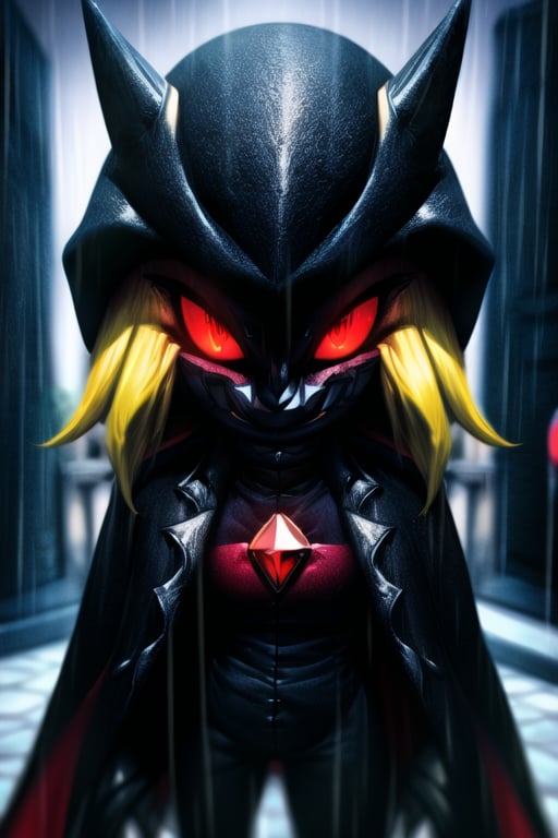 8k resolution, high resolution, masterpiece, long black scaly coat, open coat, yellow hair, white trickster mask,mocking smile painted on the mask,red smile, fanged smile,red eyes painted on the mask,squinted eyes, black gloves, black pants, arms thrown to the side, looking at the viewer, scarlet lightning in the background, rain, thunderstorm, the whole body in the frame, solo, 