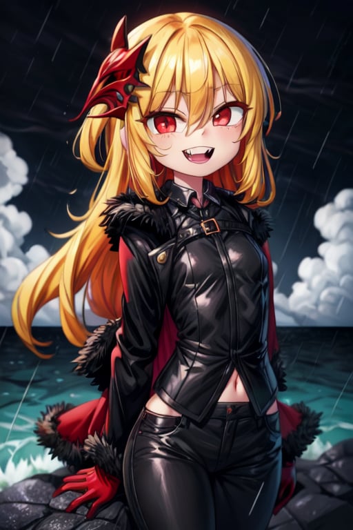 8k resolution, high resolution, masterpiece, long black scaly coat, open coat, yellow hair, white trickster mask,mocking smile painted on the mask,red smile, standing on a rock in the middle of the ocean, the whole body in the frame, fanged smile,red eyes painted on the mask,squinted eyes, black gloves, black pants, arms thrown to the side, looking at the viewer, scarlet lightning in the background, rain, thunderstorm, the whole body in the frame, solo, 
