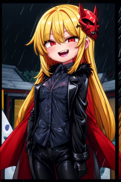 8k resolution, high resolution, masterpiece, long black scaly coat, open coat, yellow hair, white trickster mask,mocking smile painted on the mask,red smile, fanged smile,red eyes painted on the mask,squinted eyes, black gloves, black pants, arms thrown to the side, looking at the viewer, scarlet lightning in the background, rain, thunderstorm, the whole body in the frame, solo, ,Glitching