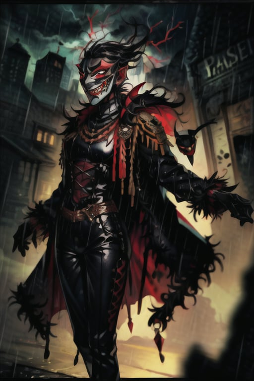 8k resolution, high resolution, masterpiece, long black scaly coat, open coat, black hair, smooth mask,white trickster mask,mocking smile painted on the mask,red smile, fanged smile,red eyes painted on the mask,squinted eyes, black gloves, black pants, arms thrown to the side, looking at the viewer, scarlet lightning in the background, rain, thunderstorm, the whole body in the frame, solo


