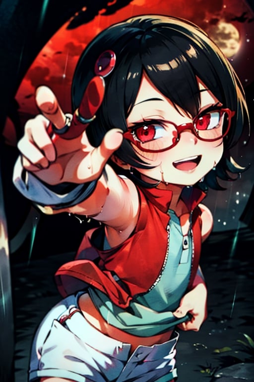 8k resolution, high resolution, masterpiece, intricate details, highly detailed, HD quality, solo, short stature, only girls, dark background, rain, scarlet moon, crimson moon, moon, moon on the background, 

Sarada Uchiha.red eyes.black hair.short hair.bangs on the forehead.slim build.a teenage girl.The clothes of the Uchiha Succession.shinobi clothes.sexy clothes.red vest.thin vest.white shorts.loose shorts.glasses.smile.a crazy smile.a cheeky expression.crazy expression.an insanely cheerful expression.a conspiratorial expression.sexy pose.fighting pose.lustful pose.perverted pose, 

flat chest, focus on the whole body, the whole body in the frame, the body is completely in the frame, the body does not leave the frame, detailed hands, detailed fingers, perfect body, perfect anatomy, wet bodies, rich colors, vibrant colors, detailed eyes, super detailed, extremely beautiful graphics, super detailed skin, best quality, highest quality, high detail, masterpiece, detailed skin, perfect anatomy, perfect body, perfect hands, perfect fingers, complex details, reflective hair, textured hair, best quality,super detailed,complex details, high resolution,

,perfecteyes,USA,Mrploxykun,jtveemo,JCM2,Captain kirb,Artist,AGGA_ST011,fantai12,Oerlord,arcane style,らす ,The Pink Pirate,Saradauchiha