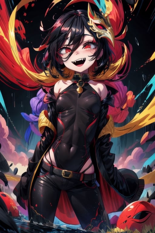 8k resolution, high resolution, masterpiece, long black scaly coat, open coat, yellow hair, white trickster mask,mocking smile painted on the mask,red smile, fanged smile,red eyes painted on the mask,squinted eyes, black gloves, black pants, arms thrown to the side, looking at the viewer, scarlet lightning in the background, rain, thunderstorm, the whole body in the frame, solo, detailed eyes, super detailed, extremely beautiful graphics, super detailed skin, best quality, highest quality, high detail, masterpiece, detailed skin, perfect anatomy, perfect hands, perfect fingers, complex details, reflective hair, textured hair, best quality, super detailed, complex details, high resolution, looking at the viewer, rich colors,Mrploxykun,JCM2,High detailed ,perfecteyes,Color magic,War of the Visions  ,Saturated colors