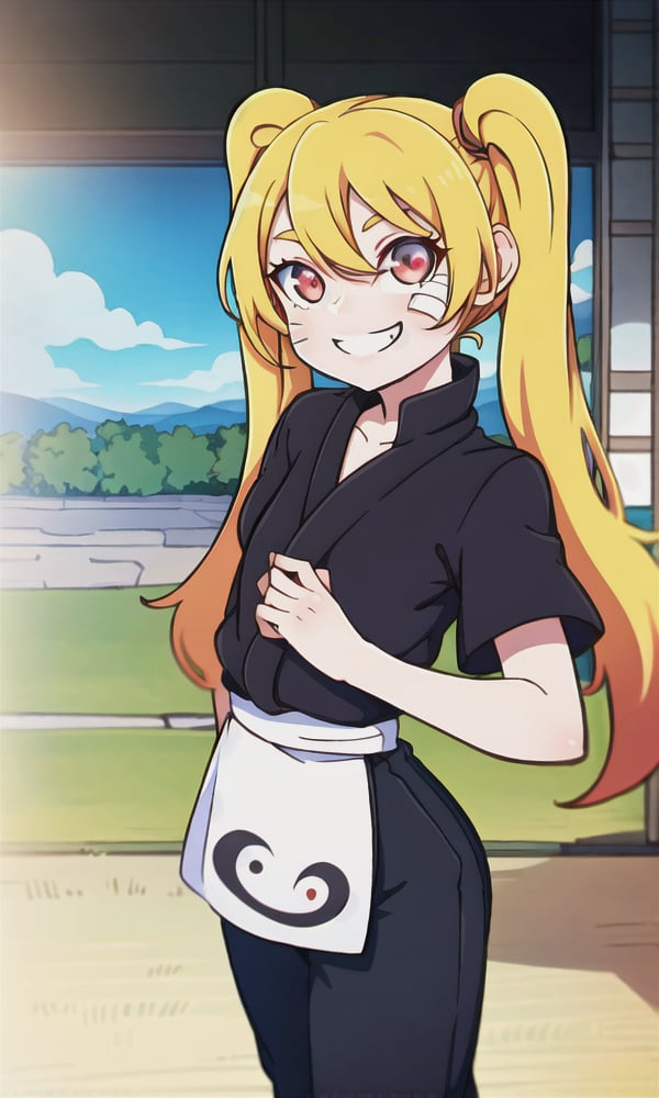 masterpiece, best quality, spectacular, solo, Naruko_Uzumaki, yellow hair, two pigtails, red eyes, animal vertical pupils, small breasts, loli, cheeky smile, straight pose, looks at the viewer, scarlet cloak, hands tied with black bandages, forearms tied with black bandages, black belt, black pants, black t-shirt with the red sign of the whirlpool, perfect eyes, perfect body, perfect anatomy , cartoon, Naruto, 
