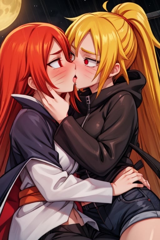 8k resolution, high resolution, masterpiece, intricate details, highly detailed, HD quality, solo, loli, dark background, black desert, scarlet moon,red moon, moon, rain,  2_girls, girls kissing, Naruko uzumaki.red eyes.(Naruko uzumaki has red eyes).blonde.yellow hair.Naruko uzumaki's clothes.black coat.black pants.a gentle expression.a satisfied expression.a playful expression.(Naruko towers over her partner), Karin Uzumaki.scarlet hair.red eyes.Karin Uzumaki's clothes.shinobi clothes.grey T-shirt with cutouts on the sides.black shorts.thoughtful expression.happy recovery.joyful expression, kiss, two girls kissing, naruko and wednesday kissing, spittle, lesbian kiss, yuri, detailed kiss, kiss with tongues, detailed languages, focus on the whole body, the whole body in the frame, small breasts, rich colors, vibrant colors, detailed eyes, super detailed, extremely beautiful graphics, super detailed skin, best quality, highest quality, high detail, masterpiece, detailed skin, perfect anatomy, perfect body, perfect hands, perfect fingers, complex details, reflective hair, textured hair, best quality,super detailed,complex details, high resolution,

,jtveemo,himenoa,Star vs. the Forces of Evil ,Naruto,Landidzu,arcane style,Oerlord,DAGASI,Karin