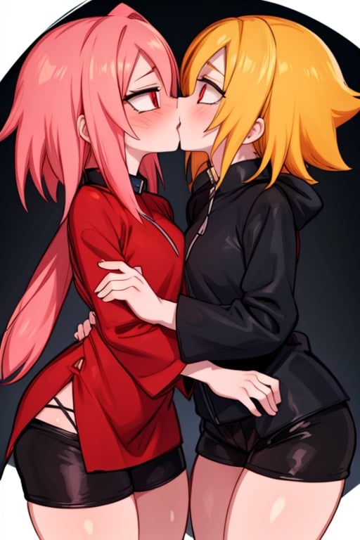 8k resolution, high resolution, masterpiece, intricate details, highly detailed, HD quality, solo, loli, dark background, black desert, scarlet moon,red moon, moon, rain,  2_girls, girls kissing, Naruko uzumaki.red eyes.(Naruko uzumaki has red eyes).blonde.yellow hair.Naruko uzumaki's clothes.black coat.black pants.a gentle expression.a satisfied expression.a playful expression.(Naruko towers over her partner), Sakura Haruno.pink hair.short hair.(Haruno Sakura's clothes.red dress with cutouts on the sides.black tight shorts.an embarrassed expression.a happy expression.amorous expression, kiss, two girls kissing, naruko and wednesday kissing, spittle, lesbian kiss, yuri, detailed kiss, kiss with tongues, detailed languages, focus on the whole body, the whole body in the frame, small breasts, rich colors, vibrant colors, detailed eyes, super detailed, extremely beautiful graphics, super detailed skin, best quality, highest quality, high detail, masterpiece, detailed skin, perfect anatomy, perfect body, perfect hands, perfect fingers, complex details, reflective hair, textured hair, best quality,super detailed,complex details, high resolution,

Shadbase,Ankha,USA,Sonique,Sonic,Naruto,Wednesday Addams  ,kiss,JCM2,Naruko,Shadbase ,Mrploxykun, Addams ,Artist,haruno sakura