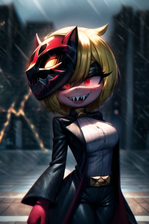 8k resolution, high resolution, masterpiece, long black scaly coat, open coat, yellow hair, white trickster mask,mocking smile painted on the mask,red smile, fanged smile,red eyes painted on the mask,squinted eyes, black gloves, black pants, arms thrown to the side, looking at the viewer, scarlet lightning in the background, rain, thunderstorm, the whole body in the frame, solo, 