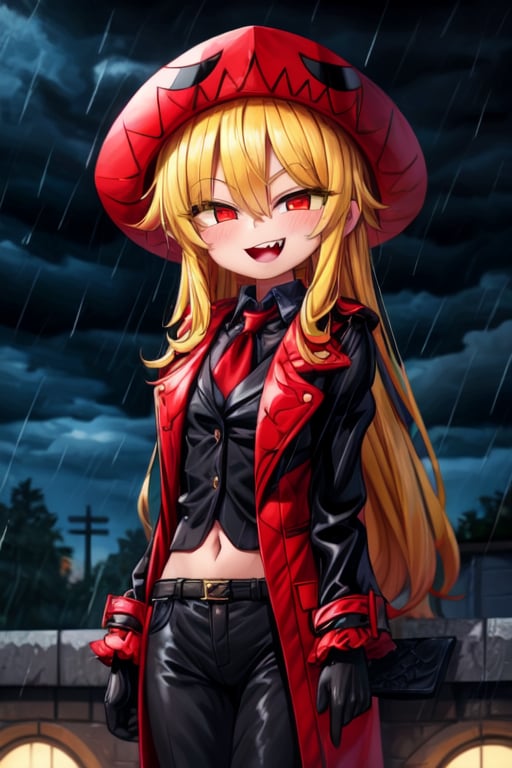 8k resolution, high resolution, masterpiece, long black scaly coat, open coat, yellow hair, white trickster mask,mocking smile painted on the mask,red smile, fanged smile,red eyes painted on the mask,squinted eyes, black gloves, black pants, arms thrown to the side, looking at the viewer, scarlet lightning in the background, rain, thunderstorm, the whole body in the frame, solo, 