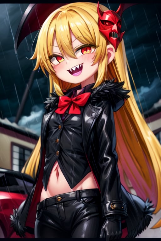 8k resolution, high resolution, masterpiece, long black scaly coat, open coat, yellow hair, white trickster mask,mocking smile painted on the mask,red smile, fanged smile,red eyes painted on the mask,squinted eyes, black gloves, black pants, arms thrown to the side, looking at the viewer, scarlet lightning in the background, rain, thunderstorm, the whole body in the frame, solo, 