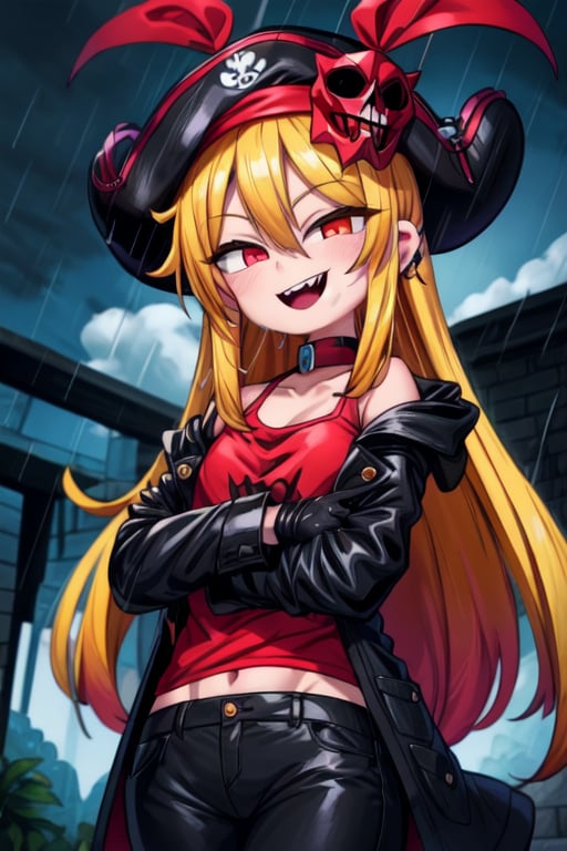 8k resolution, high resolution, masterpiece, long black scaly coat, open coat, yellow hair, faceless mask,smooth mask,white trickster mask,mocking smile painted on the mask,red smile, fanged smile,red eyes painted on the mask,squinted eyes, black gloves, black pants, arms thrown to the side, looking at the viewer, scarlet lightning in the background, rain, thunderstorm, the whole body in the frame, solo


,The Pink Pirate