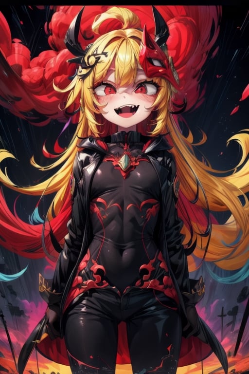 8k resolution, high resolution, masterpiece, long black scaly coat, open coat, yellow hair, white trickster mask,mocking smile painted on the mask,red smile, fanged smile,red eyes painted on the mask,squinted eyes, black gloves, black pants, arms thrown to the side, looking at the viewer, scarlet lightning in the background, rain, thunderstorm, the whole body in the frame, solo, detailed eyes, super detailed, extremely beautiful graphics, super detailed skin, best quality, highest quality, high detail, masterpiece, detailed skin, perfect anatomy, perfect hands, perfect fingers, complex details, reflective hair, textured hair, best quality, super detailed, complex details, high resolution, looking at the viewer, rich colors,Mrploxykun,JCM2,High detailed ,perfecteyes,Color magic,War of the Visions  ,Saturated colors