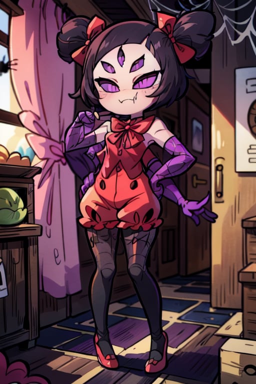 8k resolution, high resolution, masterpiece,  intricate details, highly detailed, HD quality, best quality, vibrant colors, 1girl,muffet,(muffetwear), monster girl,((purple body:1.3)),humanoid, arachnid, anthro,((fangs)),pigtails,hair bows,5 eyes,spider girl,6 arms,solo,clothed,6 hands,detailed hands,((spider webs:1.4)),bloomers,red and black clothing, armwear,  detailed eyes, super detailed, extremely beautiful graphics, super detailed skin, best quality, highest quality, high detail, masterpiece, detailed skin, perfect anatomy, perfect hands, perfect fingers, complex details, reflective hair, textured hair, best quality, super detailed, complex details, high resolution, looking at the viewer, rich colors, ,muffetwear,Shadbase ,JCM2,DAGASI,Oerlord,illya,In the style of gravityfalls