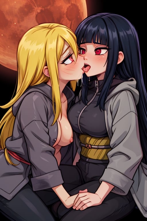 8k resolution, high resolution, masterpiece, intricate details, highly detailed, HD quality, solo, loli, dark background, black desert, scarlet moon,red moon, moon, rain,  2_girls, girls kissing, Naruko uzumaki.red eyes.(Naruko uzumaki has red eyes).blonde.yellow hair.Naruko uzumaki's clothes.black coat.black pants.a gentle expression.a satisfied expression.a playful expression.(Naruko towers over her partner), Hinata Hyuga.dark blue hair.pale lilac eyes.no pupils.Hinata Hugo's clothes.shinobi clothes.grey jacket.black pants.an embarrassed expression.happy recovery.joyful expression, kiss, two girls kissing, naruko and wednesday kissing, spittle, lesbian kiss, yuri, detailed kiss, kiss with tongues, detailed languages, focus on the whole body, the whole body in the frame, small breasts, rich colors, vibrant colors, detailed eyes, super detailed, extremely beautiful graphics, super detailed skin, best quality, highest quality, high detail, masterpiece, detailed skin, perfect anatomy, perfect body, perfect hands, perfect fingers, complex details, reflective hair, textured hair, best quality,super detailed,complex details, high resolution,

