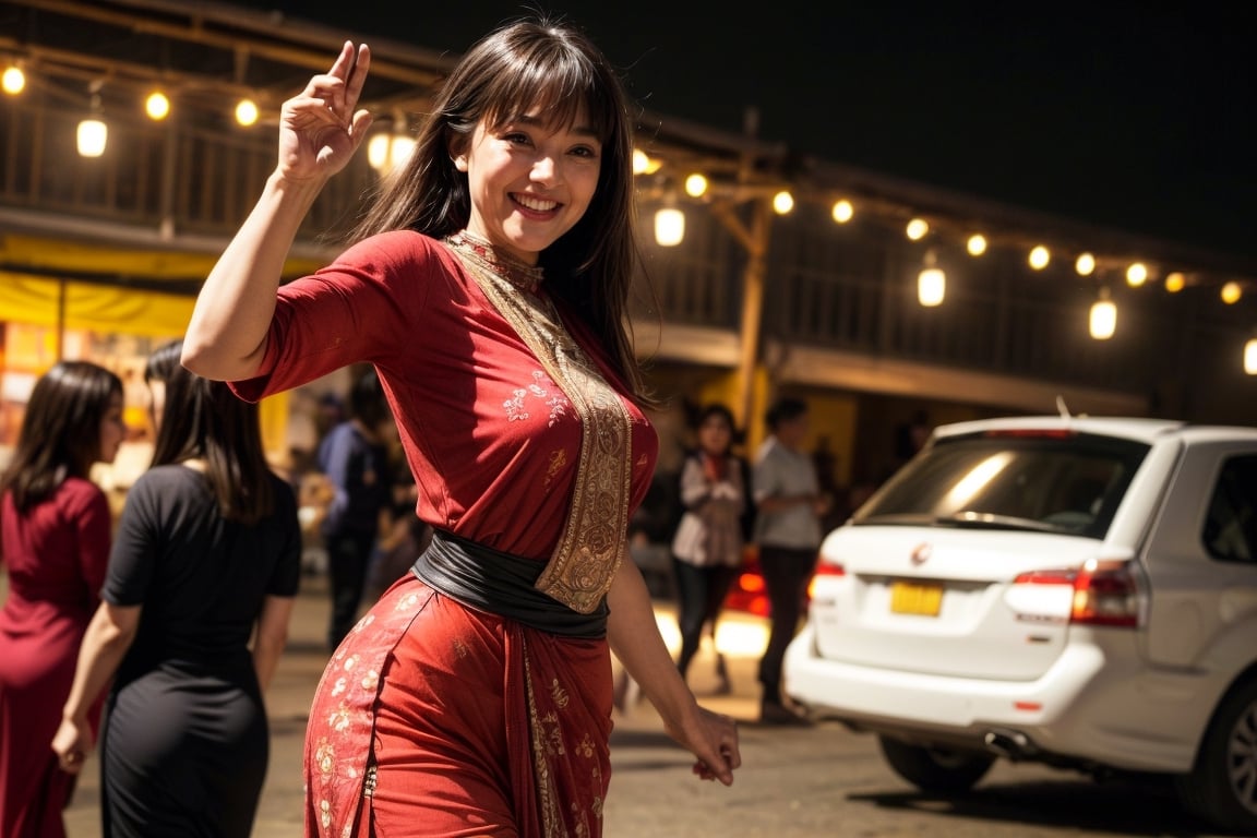 1lady, solo, with long straight hair, asymmetrical bangs, pretty face, burmese, proportional body, smiling, long legs in simple villagers cloth while walking at market during evening. cowboy view, (dynamic pose:2.0).
