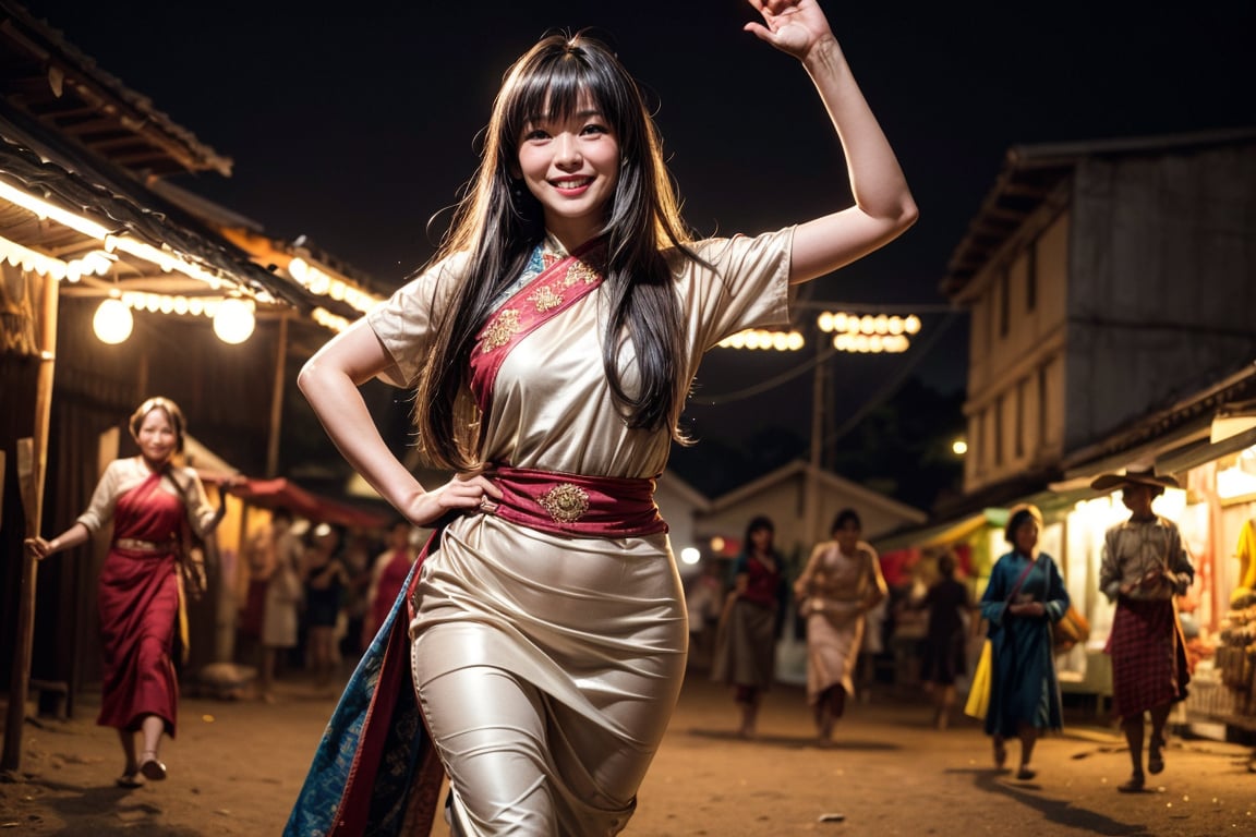 1lady, solo, with long straight hair, asymmetrical bangs, pretty face, burmese, proportional body, smiling, long legs in simple villagers cloth while walking at market during evening. cowboy view, (dynamic pose:1.8).
