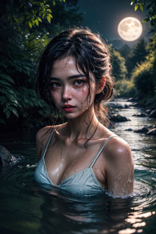 cinematic, Hyper realistic portrait of 22-years-old jewish female, photo realistic, art station, poster, wet_clothes, moist, very detailed exotic faces, detailed delicate lips, collarbones, long messy hair, wearing ancient colourful cotton wrap, swimming pose, 8K, award winning, 1girl, in the dark, deep shadow, upper lighting, moon light, in the night, rushing river water, water fall scenery, 