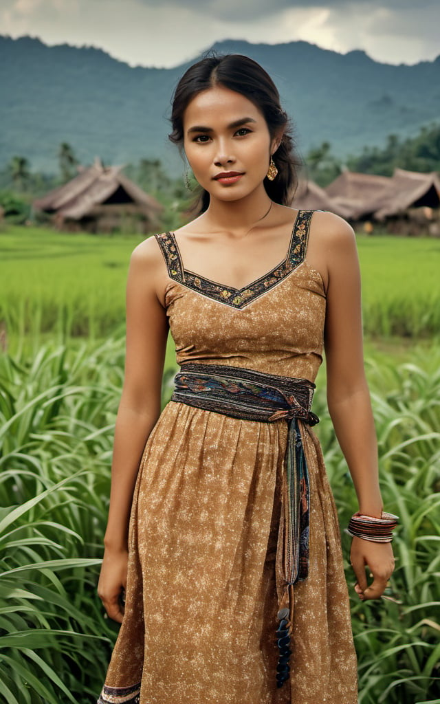 bird view of batak village lady with slender legs, long torso, hourglass body, big breast, wavy brown hair, big brown eyes, bright skin, detaild face-that-all-men-like wearing detailed batik traditional dress and fabric belt and long wide floral painted skirt. delicate pose. farm, village scenery. natural colors,Movie Still, realistic.