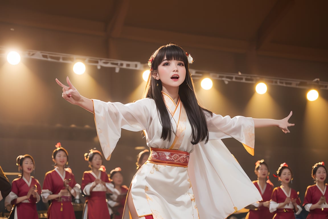 (masterpiece, top quality, best quality, official art, beautiful and aesthetic:1.2),(1girl:1.4),proportional body, pretty face, happy, long straight hair, asymmetric_bangs in villager simple cloth, dancing and singing on the stage at ancient village festival, indoor, during sunrise, crowds.,realhands