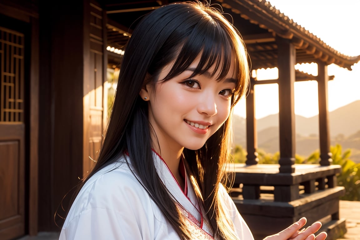 1lady with long straight hair, asymmetrical bangs, pretty face, smiling, in simple villagers cloth while praying at temple at ancient house during sunset. cowboy view.
