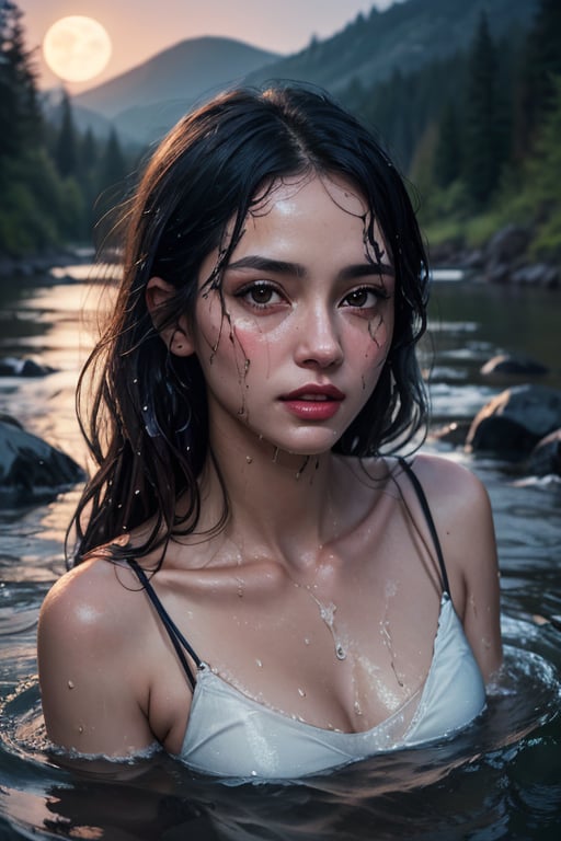 cinematic, Hyper realistic portrait of 32-years-old jewish lady, photo realistic, art station, poster, wet_clothes, moist, very detailed exotic faces, detailed delicate lips, toned body , collarbones, long messy hair, wearing ancient colourful cotton wrap, deep swimming pose, 8K, award winning, 1girl, in the dark, deep shadow, upper lighting, moon light, in the night, rushing river water, water fall scenery, 