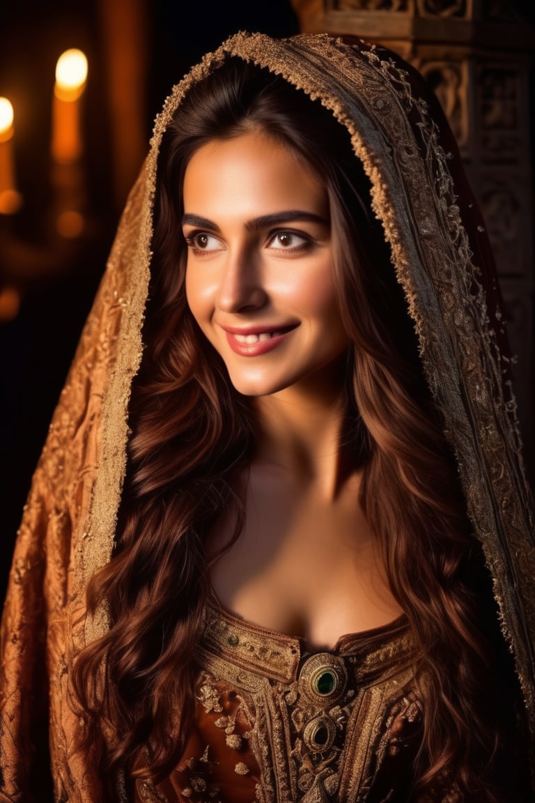 bird view portrait of a beautiful 25-years-old lady with long messy brown hair, perfect smile, perfect teeth, professional makeup, big eyes wearing delicate ancient dress and belt and hood. dark castle, low light, midnight scenery. masterpiece, best quality,photorealistic, raw photo, from side view,