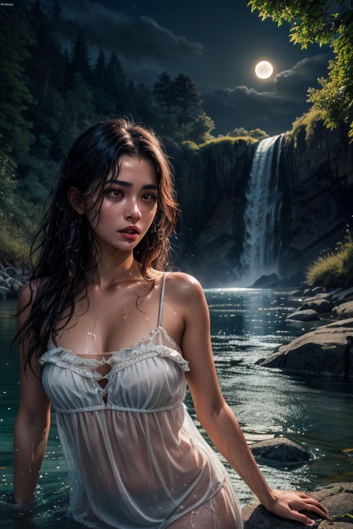 cinematic, Hyper realistic portrait of 22-years-old latinas female, photo realistic, art station, poster, wet_clothes, moist, very detailed exotic faces, detailed delicate lips, collarbones, long messy hair, medium rounded breasts wearing ancient colourful cotton loose dress, swimming pose, 8K, award winning, 1girl, in the dark, deep shadow, upper lighting, moon light, in the night, rushing river water, water fall scenery, 