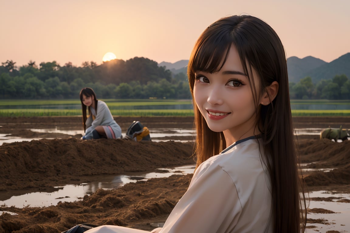 (masterpiece, top quality, best quality, official art, beautiful and aesthetic:1.2),(1girl:1.4),proportional body, pretty face, smiling, long straight hair, asymmetric_bangs in villager simple cloth, while working on the mud at rice field of ancient village during sunset.,realhands