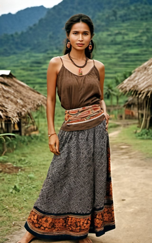 bird view of batak village lady with slender legs, long torso, hourglass body, big breast, wavy brown hair, big brown eyes, bright skin, detaild face-that-all-men-like wearing detailed batik traditional dress and fabric belt and long wide floral painted skirt. delicate pose. farm, village scenery. natural colors,Movie Still, realistic.