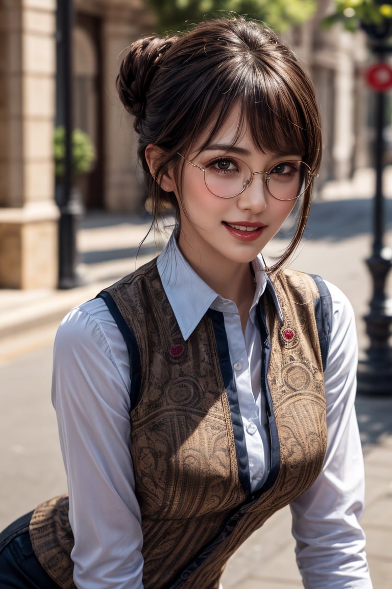 masterpiece, best quality, photorealistic, raw photo, 1girl, mature supermodel face, blush, updo elegant hair, toned, proportional body, curcy hips, asymmetrical bangs, ornate vest and collared shirt, elegant glasses, dynamic pose, pretty smile, moist brown skin, natural skin, pores, at mediteranian style building.