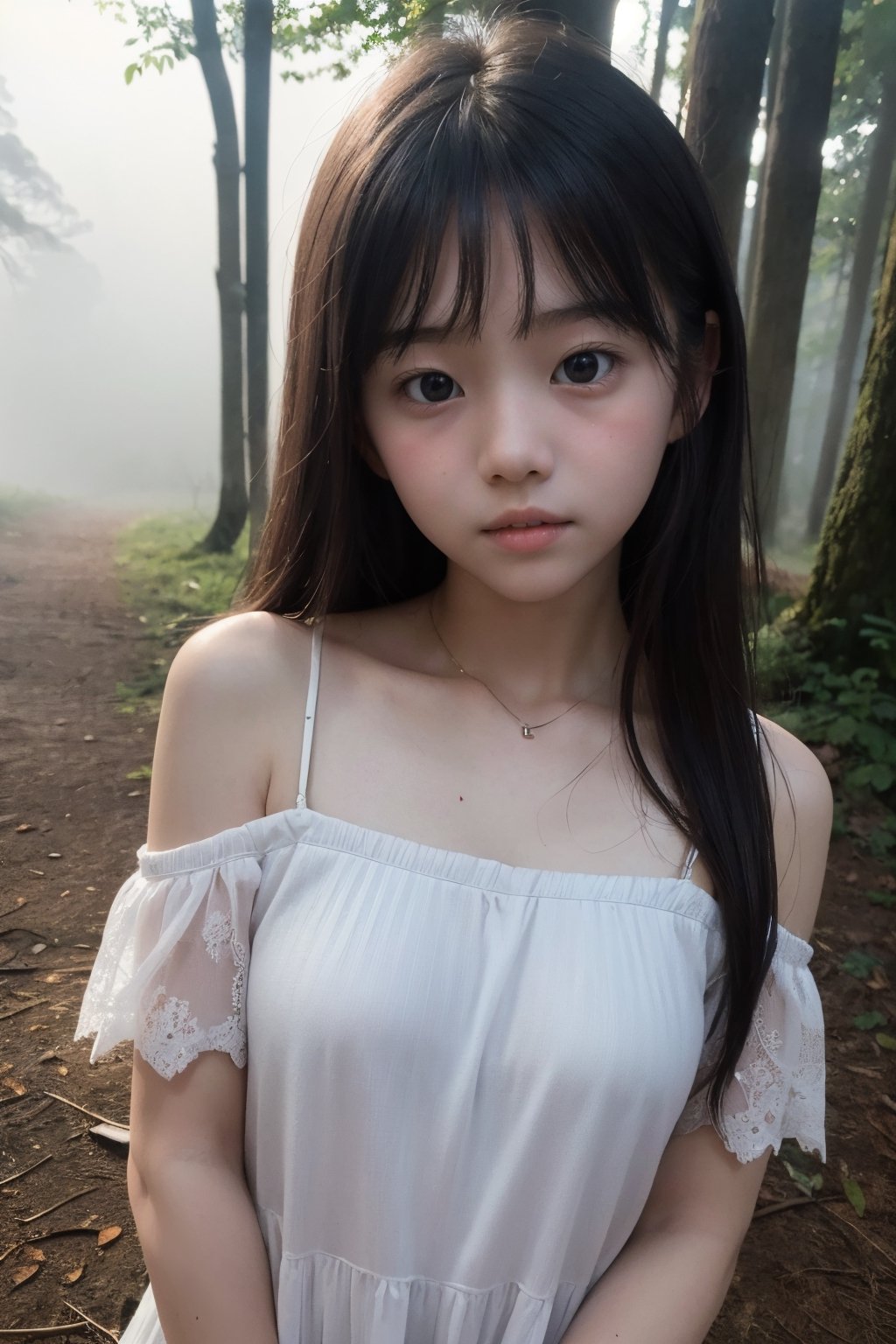 主：(((Deep in the foggy woods))),(looking at the audience),(((Only the face enters the camera))), (Focus on the face),
人：1 korean young girl,(young girl of elementary school age),Pure and restrained young girl,A young girl of primary school age,(a very beautiful and innocent young girl),(10 years old),
優：(masterpiece, highest quality, extreme detailed, best quality, official art, beautiful and aesthetic:1.2), extreme detailed,(Dream by WOMBO art:1.3),colorful,highest detailed,(Top beauty in pictorial shooting),
體：The body of a reasonable young girl,(child's body:1.3), 
髮：(bangs),(long hair),
服：Off-the-shoulder style, spaghetti straps,