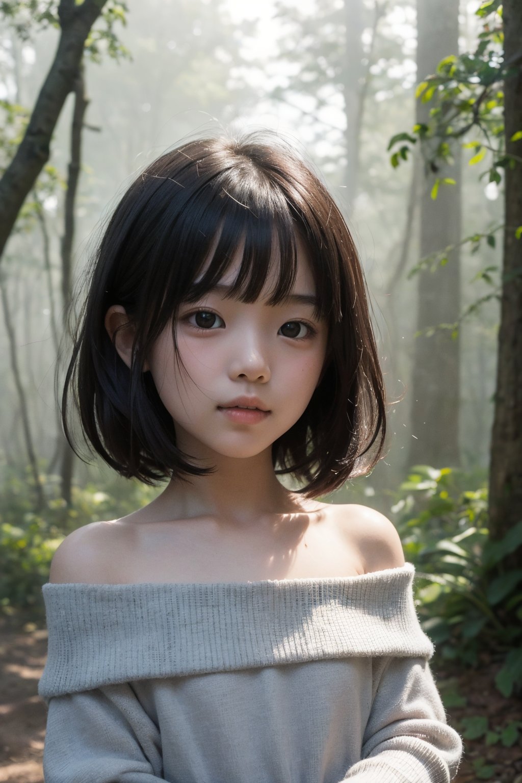 主：(deep in the misty woods),(((face photo))),
人：1litte 1kid 7yo gril (Child:1.2), 
優：With a very high artistic composition style,
髮：(((short hair))),(((bangs))),(((Well-defined hair strands:1.4))),
服：(Off-the-shoulder),deep V neckline,