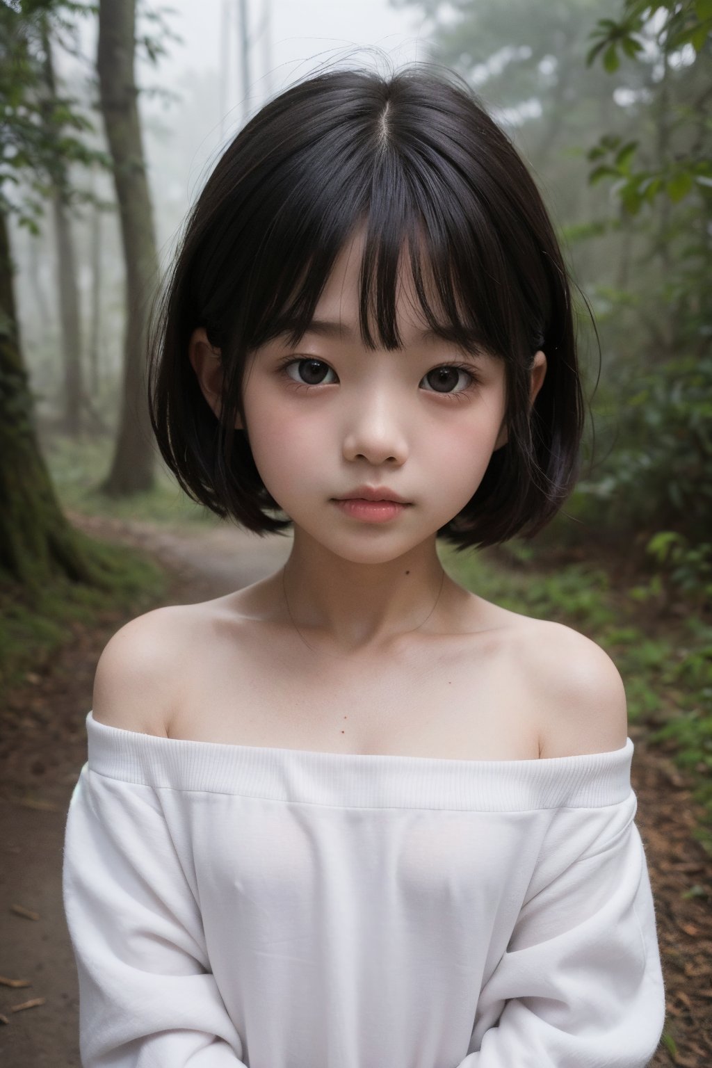 主：(deep in the misty woods),(((face photo))), 人：1litte 1kid 7yo gril (Child:1.2), 優：With a very high artistic composition style, 髮：(((short hair))),(((bangs))),(((Well-defined hair strands:1.4))), 服：(Off-the-shoulder),deep V neckline,