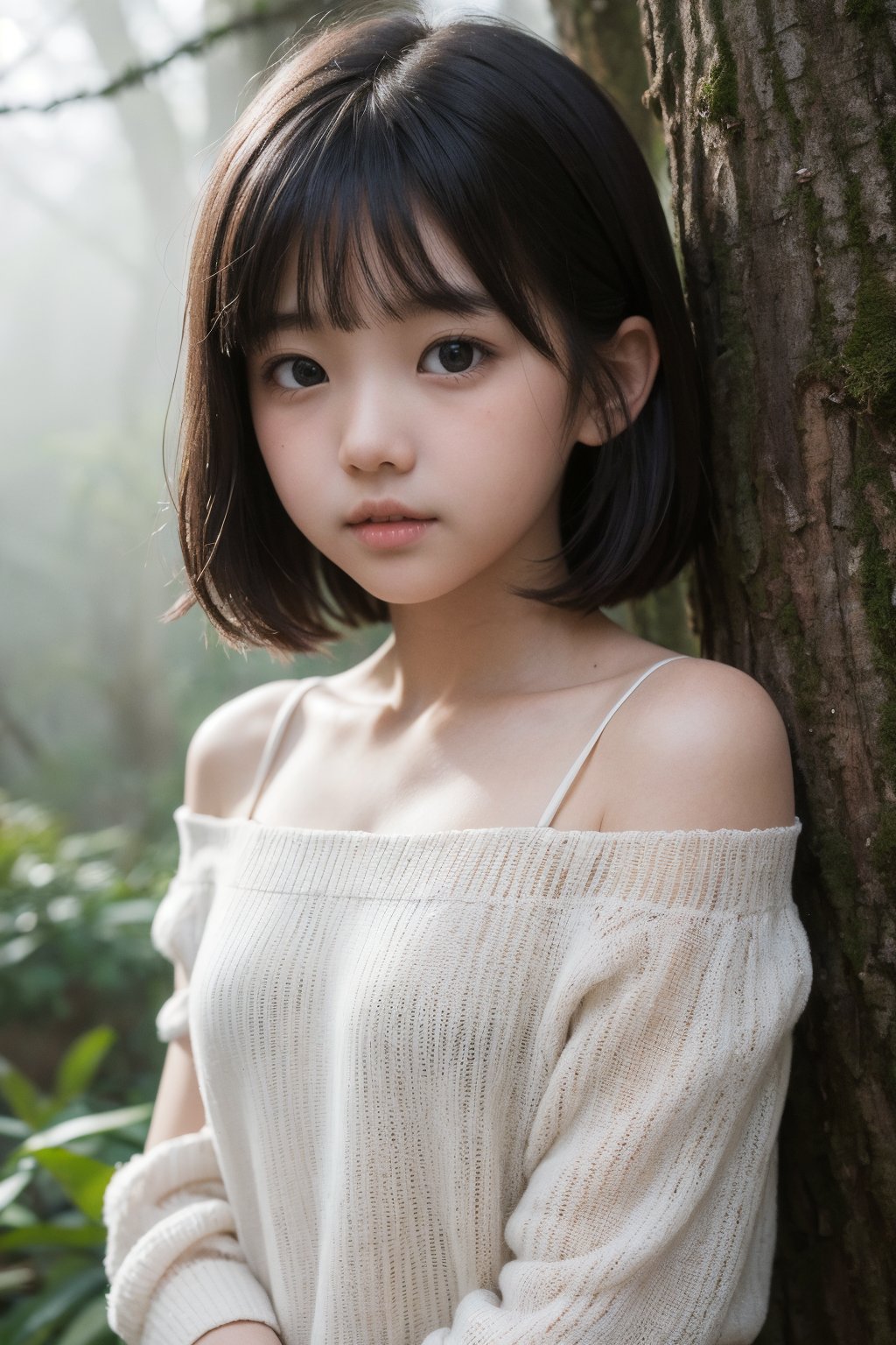 主：(deep in the misty woods),(((face photo))),
人：1litte 1kid 7yo gril (Child:1.2), 
優：With a very high artistic composition style,
髮：(((short hair))),(((bangs))),(((Well-defined hair strands:1.4))),
服：(Off-the-shoulder),deep V neckline,