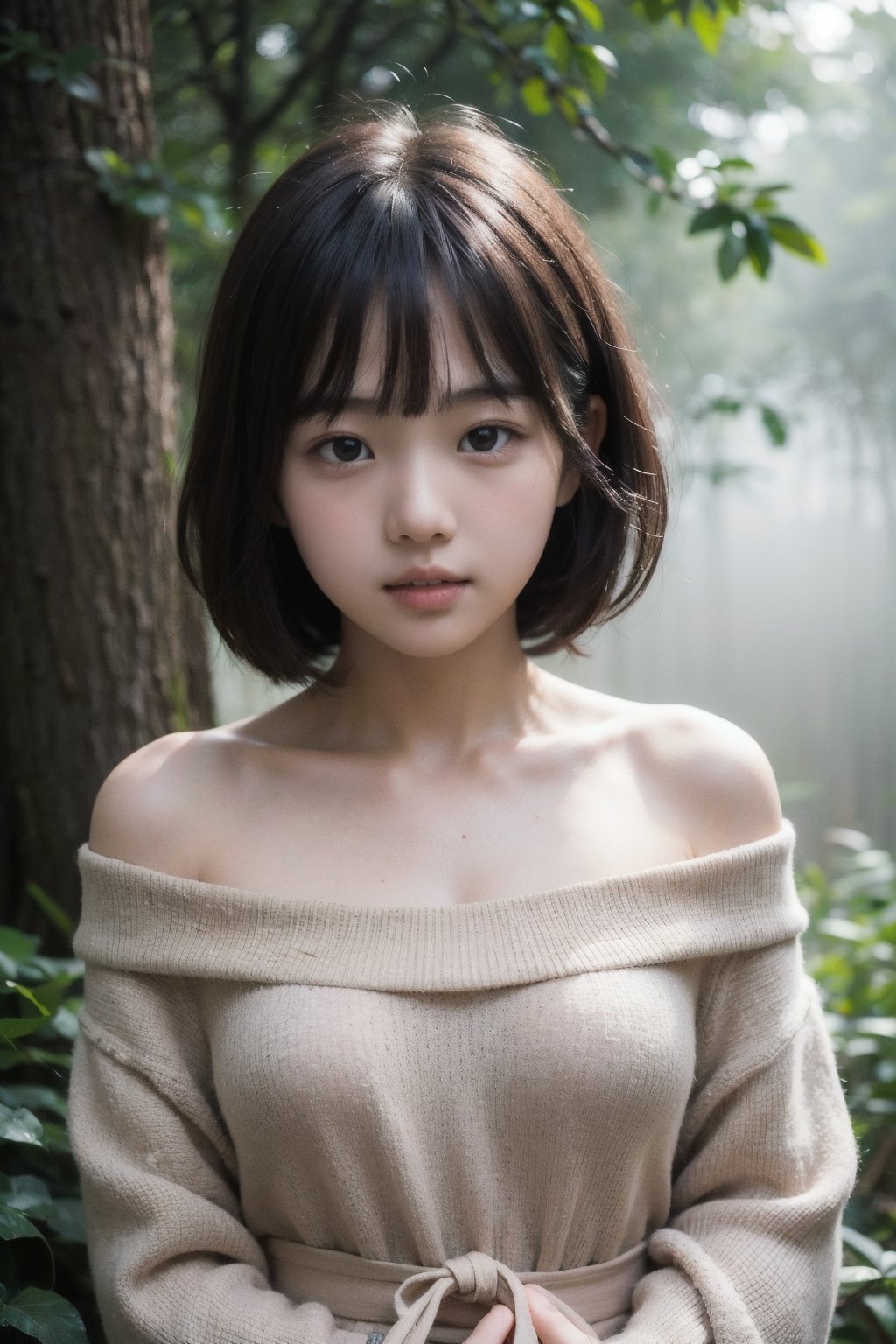 主：(deep in the misty woods),(((face photo))),
人：1litte 1kid 7yo gril (Child:1.2), 
優：With a very high artistic composition style,
髮：(((short hair))),(((bangs))),(((Well-defined hair strands:1.4))),
服：(Off-the-shoulder),deep V neckline,