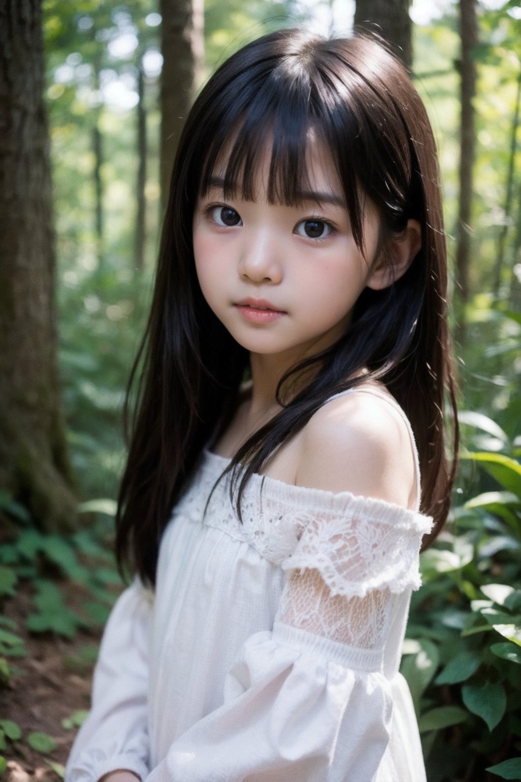 主：(Deep in the woods),(((face photo))),
人：1litte 1kid 7yo gril (Child:1.2), Korean beauty,
優：With a very high artistic composition style,Film photo texture,
髮：(long hair),(((bangs))), 
服：Off-the-shoulder,Open collar sheer tulle,