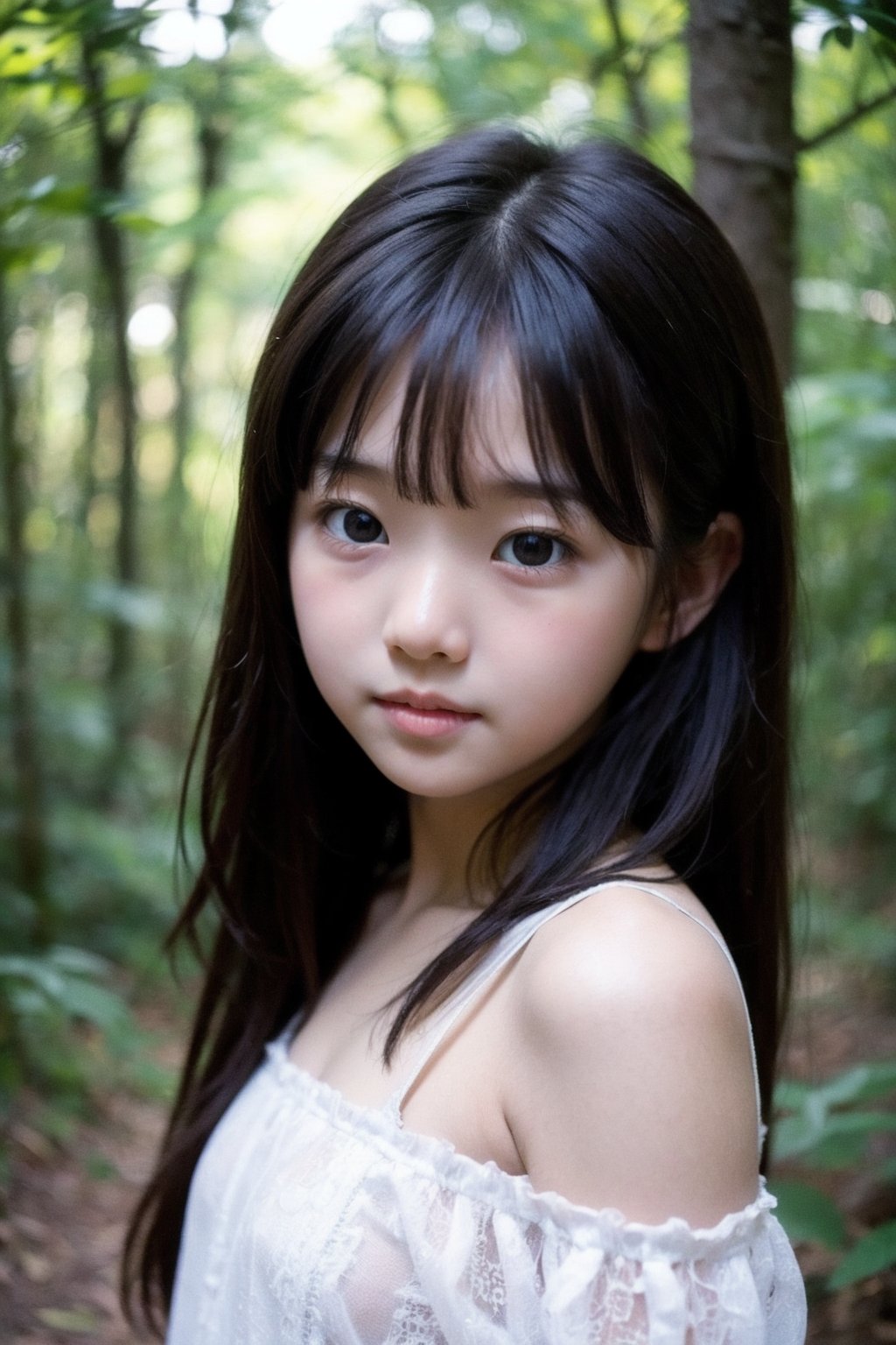 主：(Deep in the woods),(((face photo))),
人：1litte 1kid 7yo gril (Child:1.2), Korean beauty,
優：With a very high artistic composition style,Film photo texture,
髮：(long hair),(((bangs))), 
服：Off-the-shoulder,Open collar sheer tulle,