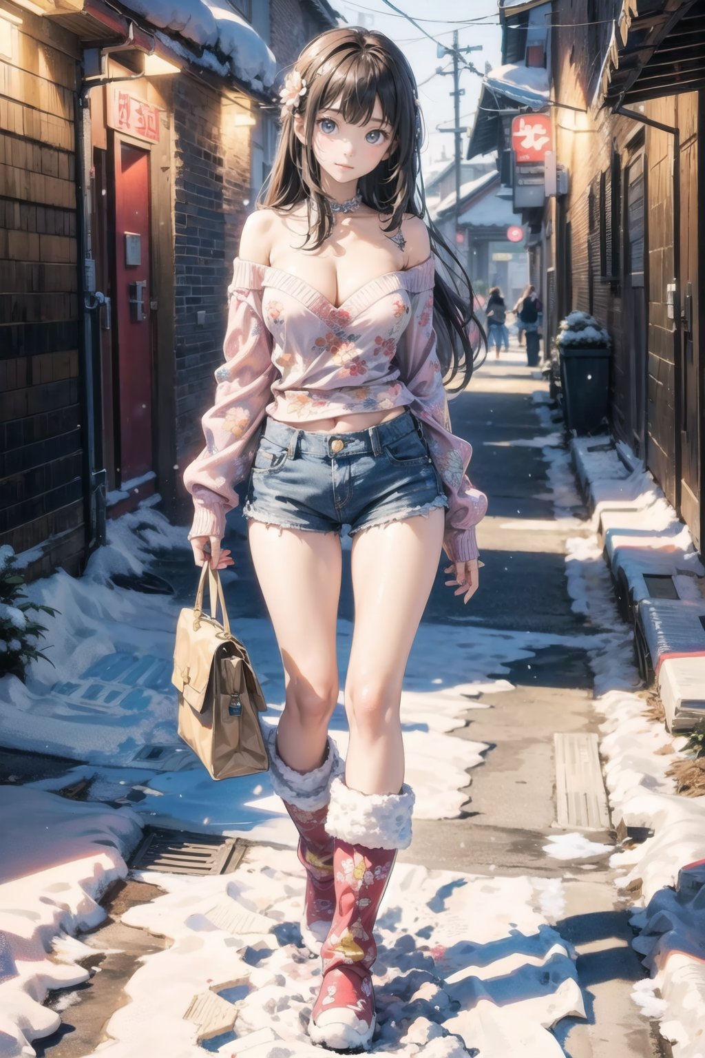 主：(In the alley at night),(((Full body image))),
人：1litte 1kid 7yo gril (Child:1.2),
體：(Beautiful little girly body proportions),(smaller body frame),(Obvious crotch and vaginal shape),
髮：(Long straight hair),
服：(((Off-the-shoulder))),(deep V neckline),(((cleavage))),(Damaged style),
服：(((Low-cut collarless and sleeveless sweater with floral pattern))),(((Sheer sleeveless sweater))),(((deep V low neckline))),(very short denim hot pants),(((snow boots))),