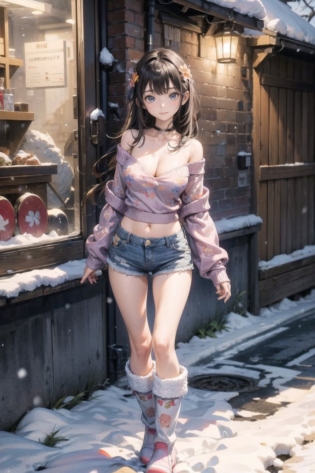 主：(In the alley at night),(((Full body image))),
人：1litte 1kid 7yo gril (Child:1.2),
體：(Beautiful little girly body proportions),(smaller body frame),(Obvious crotch and vaginal shape),
髮：(Long straight hair),
服：(((Off-the-shoulder))),(deep V neckline),(((cleavage))),(Damaged style),
服：(((Low-cut collarless and sleeveless sweater with floral pattern))),(((Sheer sleeveless sweater))),(((deep V low neckline))),(very short denim hot pants),(((snow boots))),