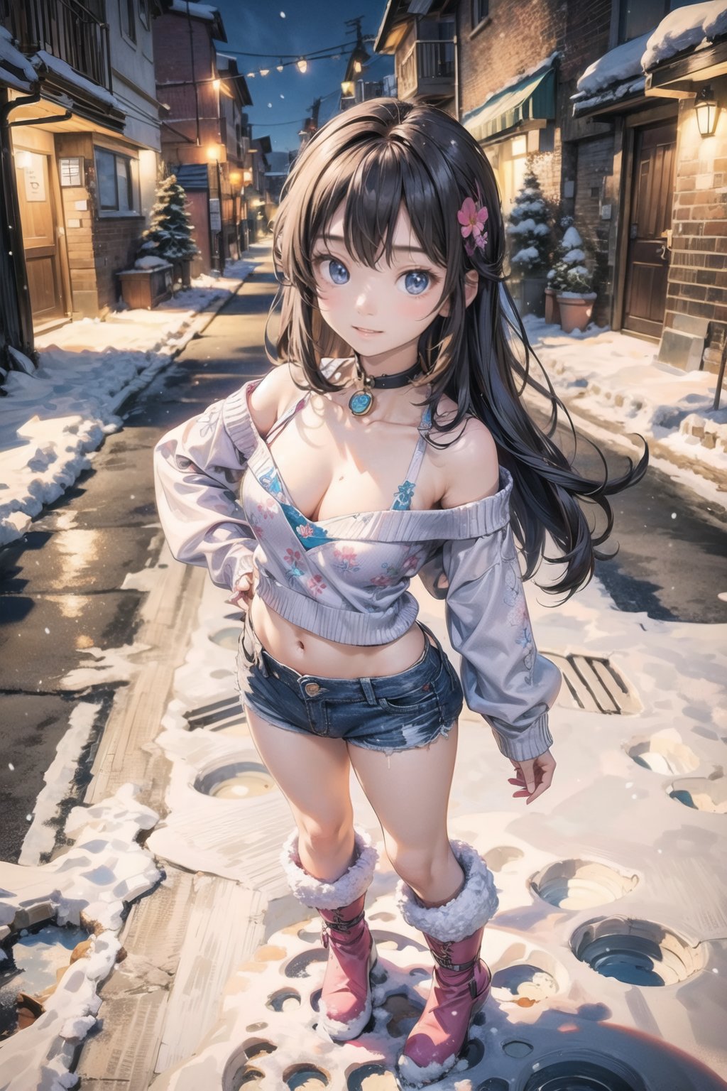 主：(In the alley at night),(((Full body image))),
人：1litte 1kid 7yo gril (Child:1.2),
體：(Beautiful little girly body proportions),(smaller body frame),(Obvious crotch and vaginal shape),
髮：(Long straight hair),
服：(((Off-the-shoulder))),(deep V neckline),(((cleavage))),(Damaged style),
服：(((Low-cut collarless and sleeveless sweater with floral pattern))),(((Sheer sleeveless sweater))),(((deep V low neckline))),(very short denim hot pants),(((snow boots))),