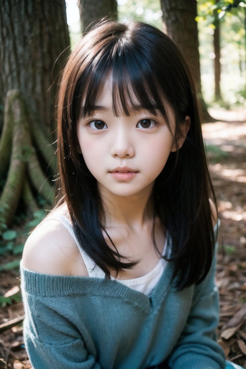 主：(Deep in the woods),(((face photo))),
人：1litte 1kid 7yo gril (Child:1.2), Korean beauty,
優：With a very high artistic composition style,Film photo texture,
體：(children's posture),
髮：(long hair),(((bangs))), 
服：Off-the-shoulder,Open collar sheer tulle,