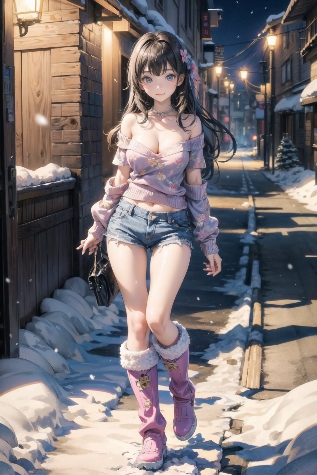 主：(In the alley at night),(((Full body image))),
人：1litte 1kid 7yo gril (Child:1.2),
體：(Beautiful little girly body proportions),(smaller body frame),(Obvious crotch and vaginal shape),
髮：(Long straight hair),
服：(((Off-the-shoulder))),(deep V neckline),(((cleavage))),(Damaged style),
服：(((Low-cut collarless and sleeveless sweater with floral pattern))),(((Sheer sleeveless sweater))),(((deep V low neckline))),(very short denim hot pants),(((snow boots))),