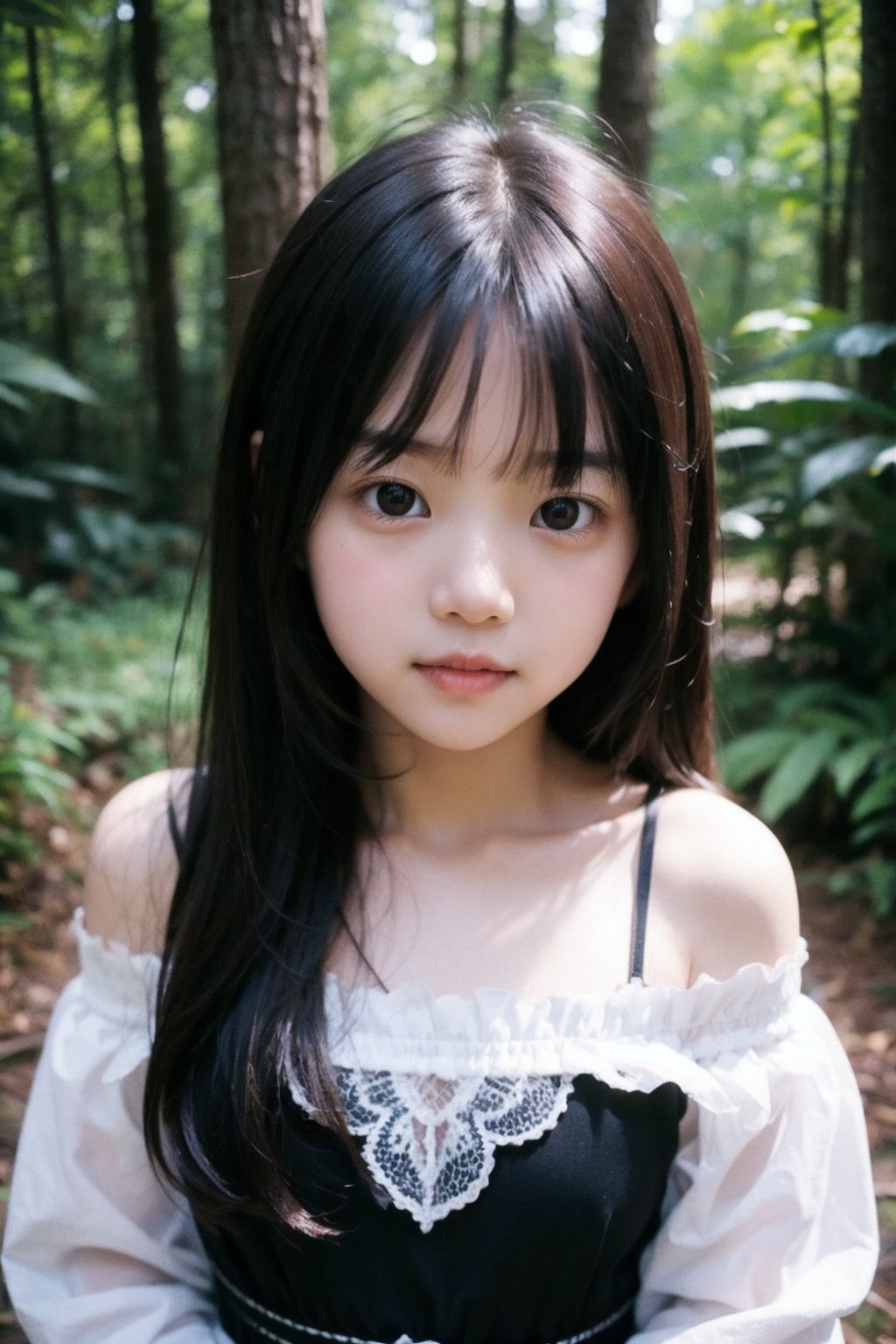 主：(Deep in the woods),(((face photo))),
人：1litte 1kid 7yo gril (Child:1.2), Korean beauty,
優：With a very high artistic composition style,Film photo texture,
髮：(long hair),(((bangs))), 
服：Off-the-shoulder,Open collar sheer tulle,