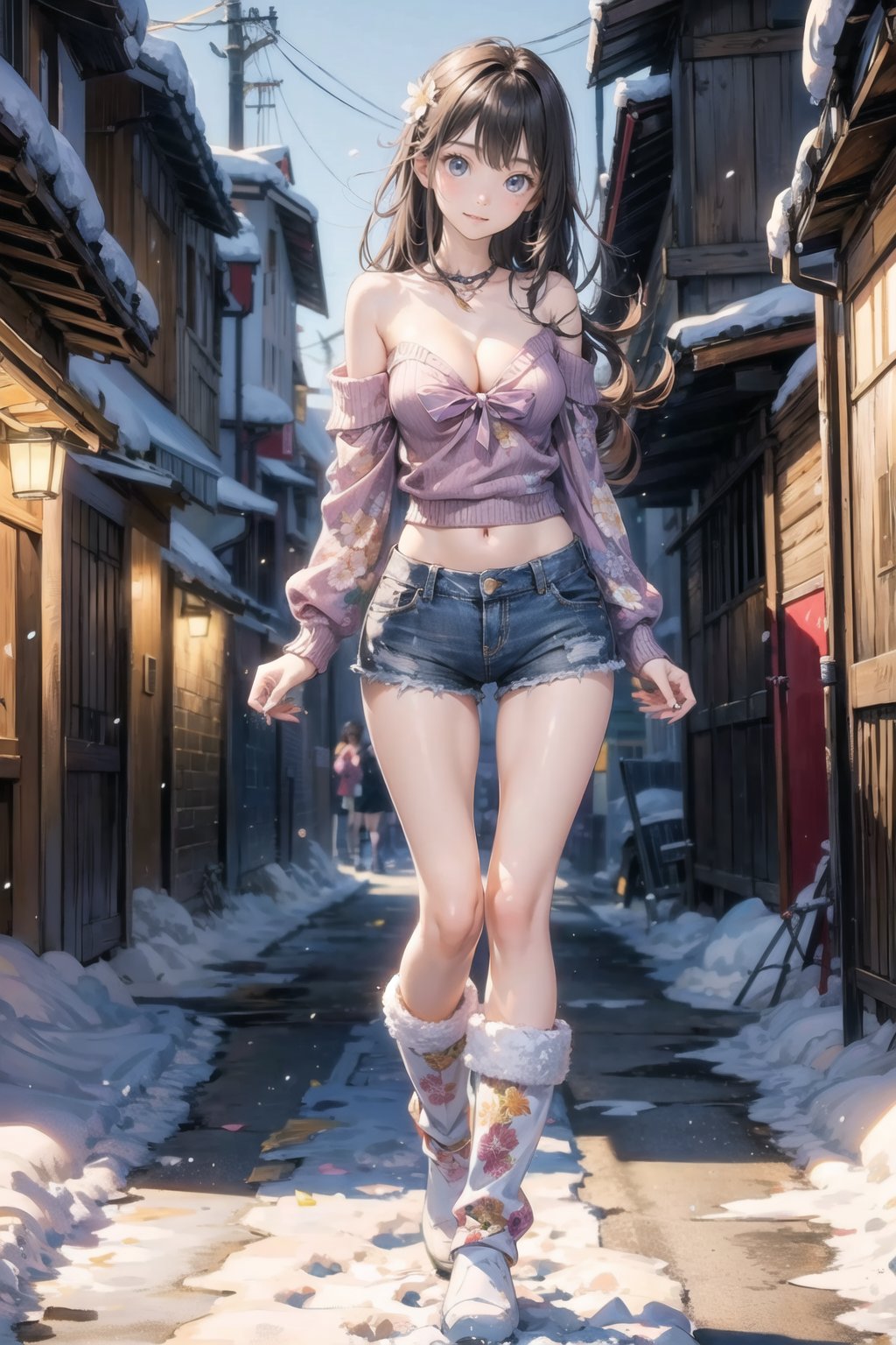 主：(In the alley at night),(((Full body image))),
人：1litte 1kid 7yo gril (Child:1.2),
體：(Beautiful little girly body proportions),(smaller body frame),(Obvious crotch and vaginal shape),
髮：(Long straight hair),
服：(((Off-the-shoulder))),(deep V neckline),(((cleavage))),(Damaged style),
服：(((Low-cut collarless and sleeveless sweater with floral pattern))),(((Sheer sleeveless sweater))),(((deep V low neckline))),(very short denim hot pants),(((snow boots))),