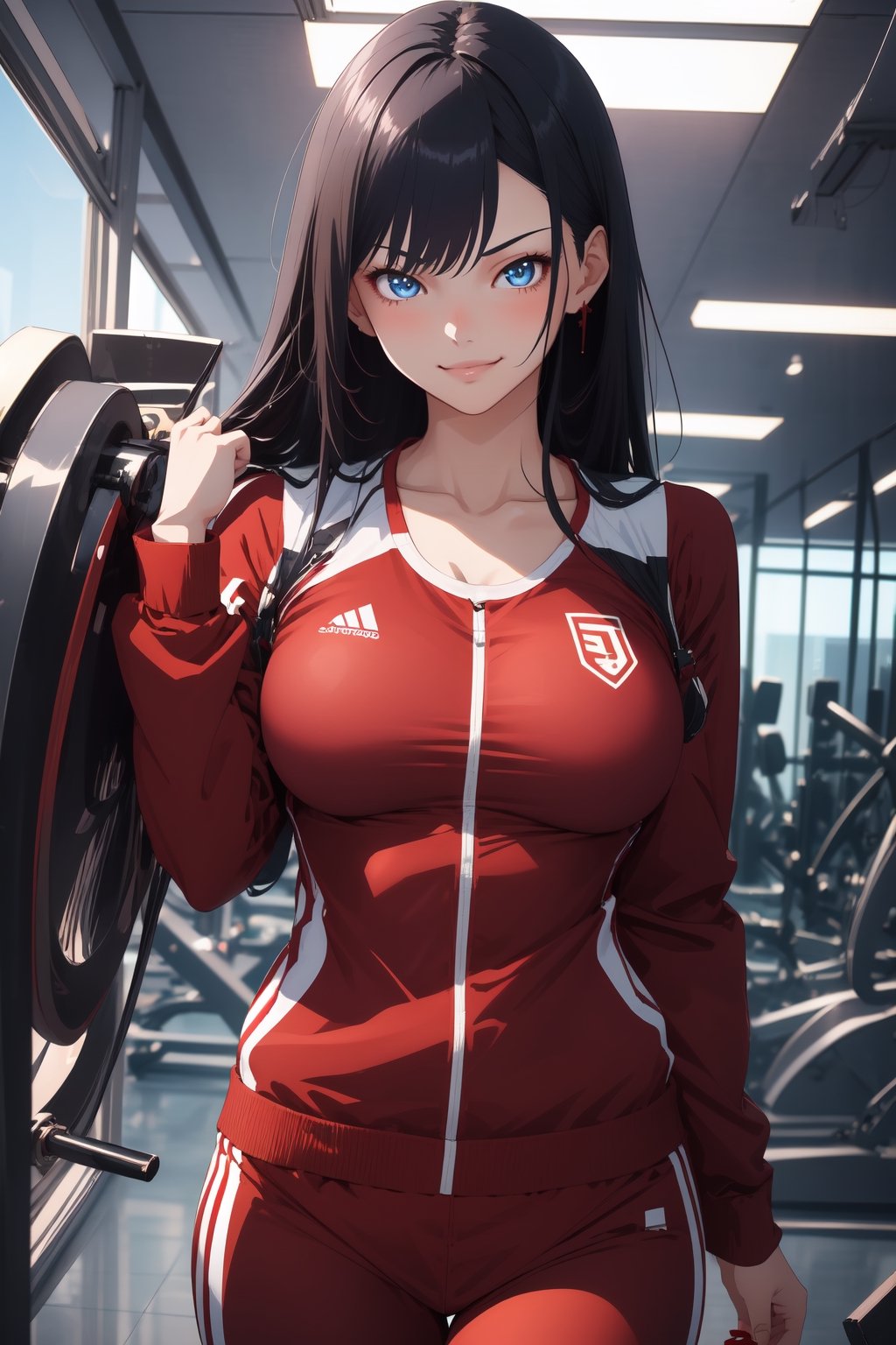 1girl, blue eyes, dark blue hair, red suit, smirk, self_shot, gym background, ((masterpiece, best quality, highres:1.4)), vibrant, 8k, fine details, perfect anime anatomy,cloudstick