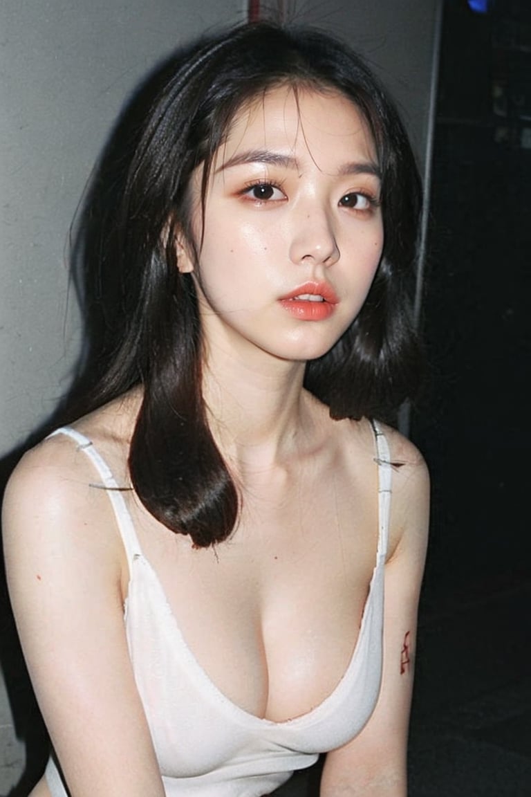 1girl,  slender pale white Korean girl K-pop idol, long hair, sexy plunging neckline cropped camisole ((showing extended cleavage)),  instagram model,  50mm, flash photography,  real life, cute face, large breasts, 