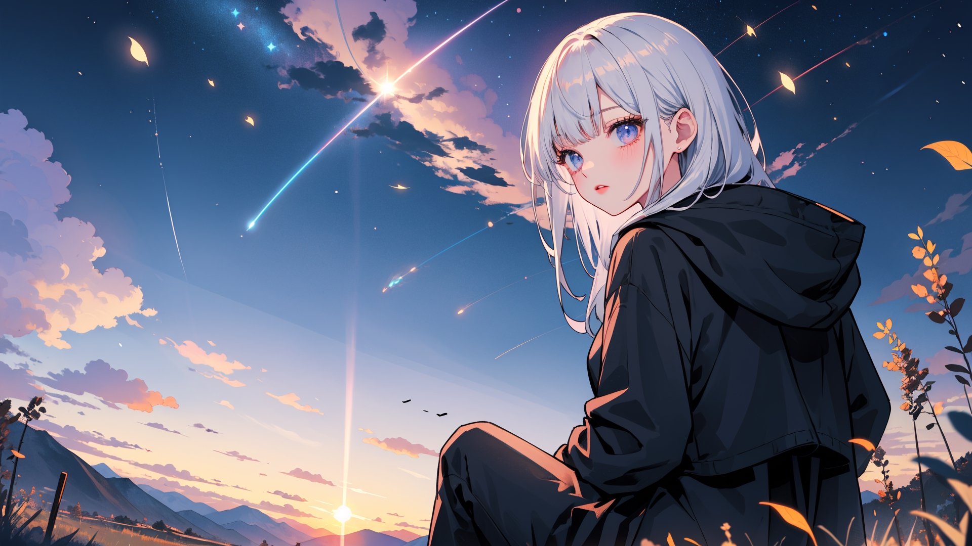 (masterpiece, best quality, highres:1.3), ultra resolution image, (solo), (1girl), (very long hair, silver hair), outdoors, starry sky, (scenery:1.2), milky way, night, star trail, cloud, mountain, night sky, black hooded robe, silhouette, (from behind:1.2), girl looking sky, extremely detailed CG unity 8k wallpaper, moon, dramatic lighting, light particles, girl sitting on ground, mountainous horizon, sunset, field,